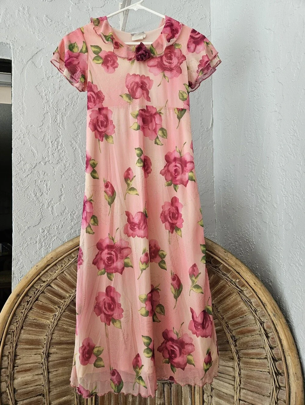 Vtg Expressions Girl Kid 12 Floral Y2k Dress Chiffon Mesh Glitter